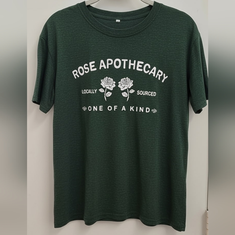 Rose Apothecary Graphic Tee - Distressed Forest Green with White Print